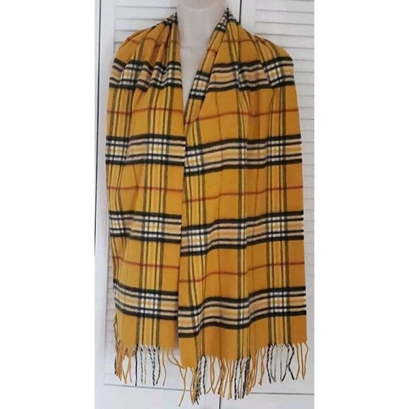 NEW V.FRAAS CASHMINK UNISEX MUSTARD PLAID FRINGE SCARF MADE IN GERMANY - Picture 1 of 5